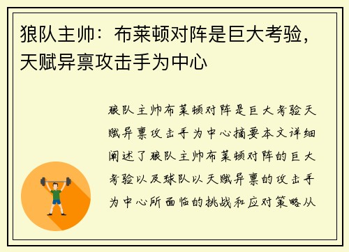 狼队主帅：布莱顿对阵是巨大考验，天赋异禀攻击手为中心